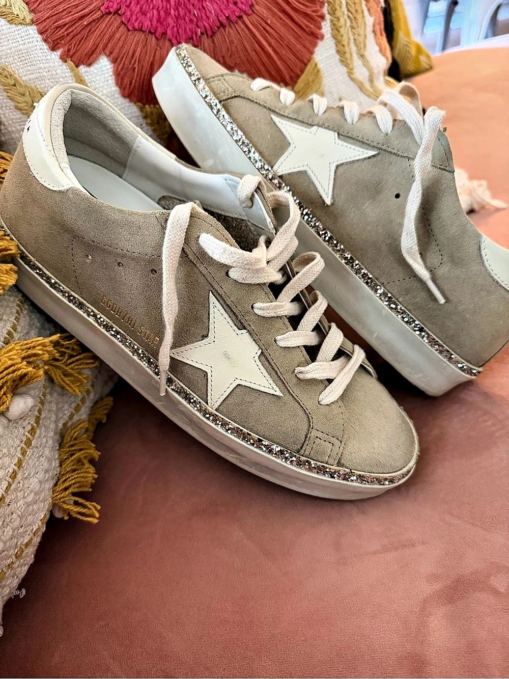 Golden Goose Hi Star Suede Platform Sneakers with Glitter Foxing Beige & White